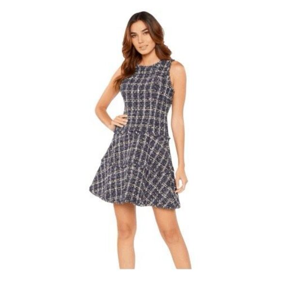 Likely Multi Tweed Bouclé Jewel Tartan Plaid Mini Dress Navy Blue 2 - Picture 1 of 10